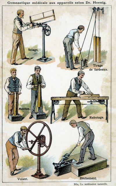 Gyógytorna Dr. Hoenig szerint műszerekkel - „Bilz, Természetes Gyógyszer” c., XIX. század vége alkotó: Unknown artist