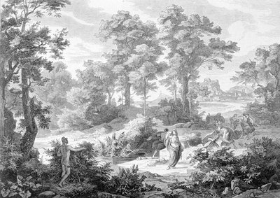 Találkozás Ulysses között, aki egy folyó közelében feküdt, és Nausicaa között. Metszet a 19. század végéről. alkotó: Unknown artist