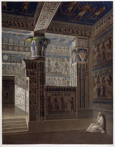 Memnonium Théba, pl 37: Színes belső perspektivikus nézet a nyugati templomról - ""Egyiptomi régiségekben"", sd. 19. század alkotó: Unknown artist