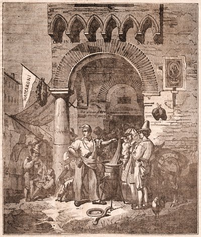 Kereskedő tésztát főz egy serpenyőben, olasz jelenet (metszet) alkotó: Unknown artist