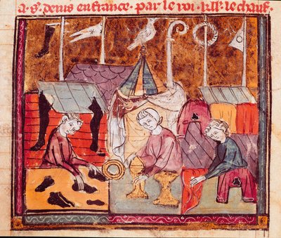Kereskedők (cipész, ötvös, szövetkereskedő) a lenditi vásáron Saint Denis közelében Miniature from "" Grandes Chronicles de France"" 1375-1379 Városi Könyvtár, Castres alkotó: Unknown artist