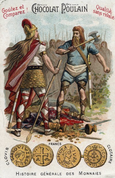Merovingiens: Clovis 1. lelövi a katonát, aki összetörte Soissons hajóját, 486-ban. In General History of Coins. A 19. század végi csokoládé-csikó kromolitográfiája. Magángyűjtemény. alkotó: Unknown artist