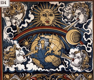 Meteorológiai allegória – Meteorológiai allegória (nap földdel, szél, szivárvány) – naptári illusztráció alkotó: Unknown artist
