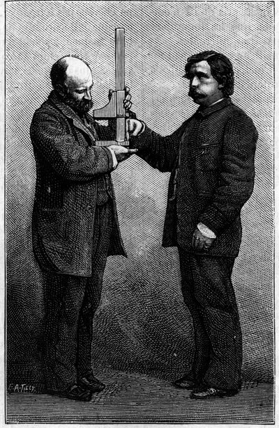 A betűtípus azonosításának módja: a középső ujj mérése csúszó iránytűvel. Metszet az 1883. augusztus 25-i „La Nature: revue des sciences et de leurs applications aux arts et a l