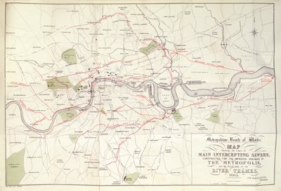 A Fővárosi Üzemi Tanács térképe a Bazalgette által a Metropolisz jobb vízelvezetésére épített főelfogó csatornák tervéről alkotó: Unknown artist
