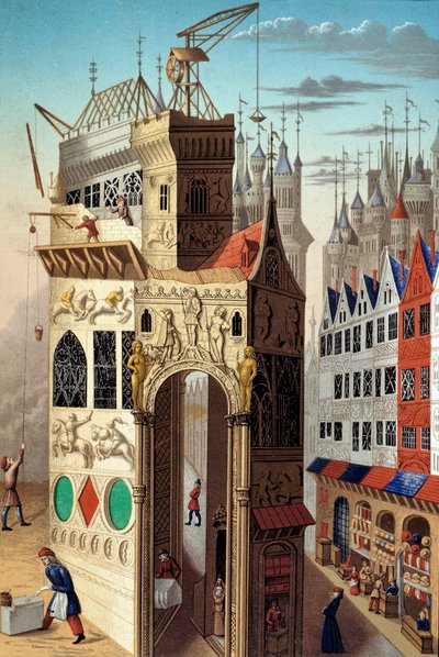 Középkor: utcai jelenet a 15. században. Kereskedők és munkások az utcán, 20. század (illusztráció) alkotó: Unknown Artist