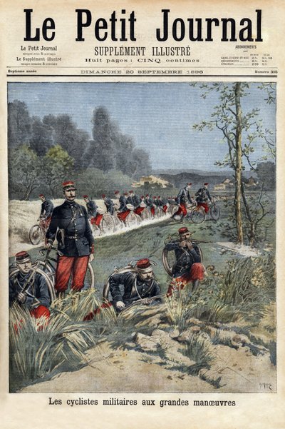 Katonai kerékpárosok a nagy manővereknél. Metszet a „” Le petit journal”-ban 1896.09.20. Selva gyűjteménye. alkotó: Unknown artist