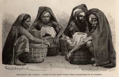 Tejkereskedők Madras (a mai Chennai, Tamil Nadu) utcáin. Alfred Grandidier 1862-1864-es metszete India meridionális tartományaiban való utazás szemléltetésére, megjelent a „le tour du monde”-ban, D