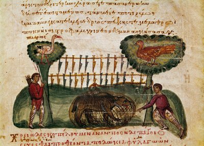 Miniatűr medvevadász-jelenet a szíriai Oppian (Oppian vagy Oppianus) „A cynegetics” című vadászatából (Kr. u. 3. század), amelyet Caracallának szenteltek. 11. századi Velence. Biblioteca Marciana alkotó: Unknown artist