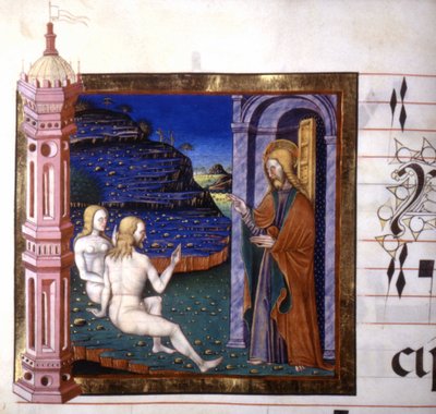 Ádám és Éva Isten általi teremtését ábrázoló miniatűr. Antifónia. 15. század.Lodi könyvtára alkotó: Unknown artist