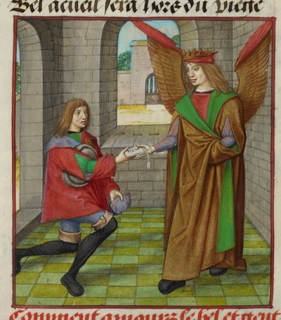 Miniatűr a szerelemről (Szerelem), amint levelet ad át egy hírnöknek, a "Le Roman de la Rose"-ból alkotó: Unknown artist