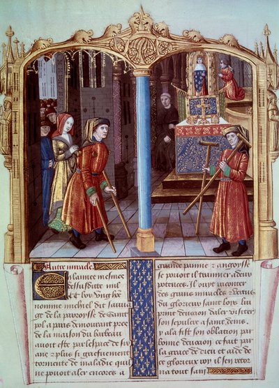 Szent Lajos csodája (1214-1270): a sánta harcosa bequille-lel. Miniatűr „Szent Lajos élete és csodái” c. alkotó: Unknown artist