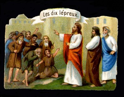 Jézus csodái. Krisztus a leprások ellen harcol. 19. századi kromolitográfia. alkotó: Unknown artist