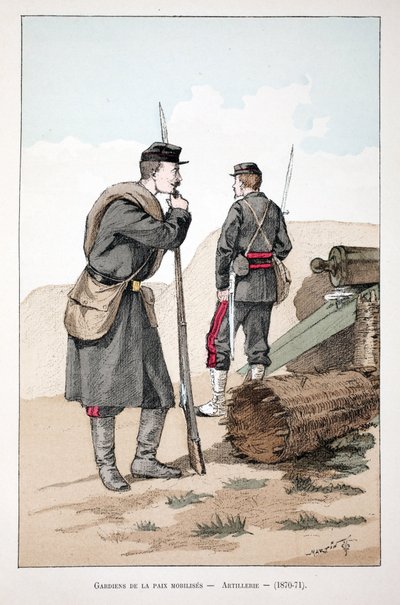Mozgósított békefenntartók (1870-1871). Színes rézkarc, illusztrációként „” A békefenntartók hadtestének története”” című könyv Louis Lepine (1846-1933) Szajna menti rendőrprefektus gondozásában jelent meg Alfred Rey (1864-?) és Louis Feron gondozásában. alkotó: Unknown artist