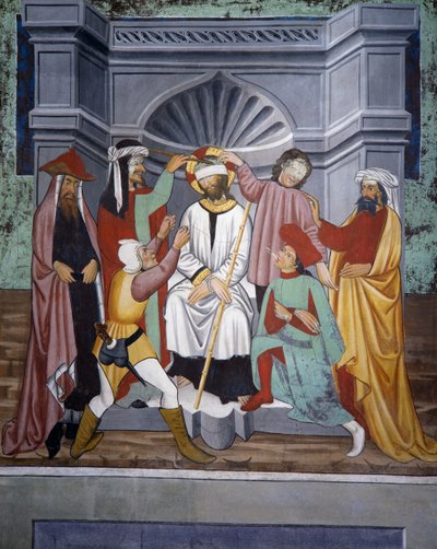 Krisztus kigúnyolása, Krisztus élete (XV. század), freskók, Szent Sebestyén-kápolna, Villard-de-Lans, Rhône-Alpes, Franciaország. alkotó: Unknown artist