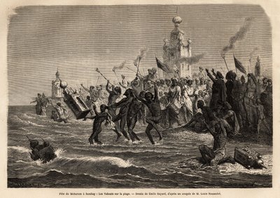 Az év elején az indiai iszlám közösség által megünnepelt Moharum Fesztivál az imámok sírját imitáló tabuok, arany papírtemplomok elkészítése és az utcákon való áthaladás után a tengerbe dobják a tabuokat. Engrav alkotó: Unknown artist