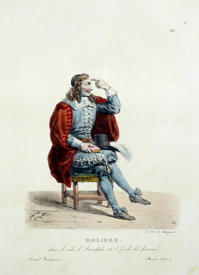 Moliere jelmeze Arnolphe szerepében a „Nők iskolája” című darabban 1670-ben. Hippolyte Lecomte (1781-1857) francia vígjáték jelmeze. századi metszet. Coll. Gyerünk. alkotó: Unknown artist