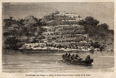 Monkey Mountain, a Szenegál folyó mentén, röviddel a Gouina-vízesés után (Mali). Metszet Mágus hadnagy 1863 és 1866 közötti nyugat-szudáni útjának történetének illusztrálására, amely a „Le tour du monde, nouveau Journal des voyages” című folyóiratban jelen alkotó: Unknown artist