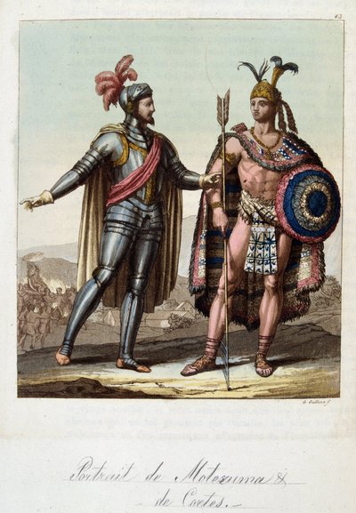 II. Montezuma, azték király és Hernan (vagy Hernando) Cortes vagy Fernand Cortez (1485-1547), spanyol hódító – Ferrario „” A régi és modern kosztüm”-ben, szerk. Milánó alkotó: Unknown artist
