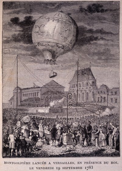 A Montgolfiere indítása Versailles-ban, a király (XVI. Lajos) jelenlétében, 1783.09.19., péntek - a „Les Contemporains”-ban, n.d. század vége. alkotó: Unknown artist