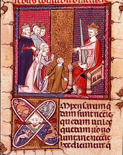 Anya és gyermeke megjelenik egy király előtt, a Justice képviselője Miniatűr a „Justiniani in Fortiatum”-ból” 14. századi Escorial kolostor királyi könyvtára (Escorial), Spanyolország alkotó: Unknown artist