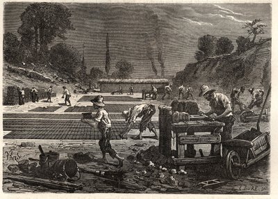 Moulage des bricques - Tégla öntése - Louis Figuier gravírozása "Les Merveilles de l