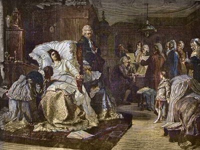 Mozart utolsó napjai Hermann Kaulbach (1846-1909) festménye után - Gli ultimi momenti di Mozart - Wolfgang Amadeus Mozart utolsó napja - metszet a „"Popular Music"" jeles hetilapba - 1882 alkotó: Unknown artist