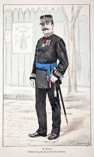 Mr. Roudil, az autószolgálat béketisztje. Színes rézkarc, illusztrációként „” A békefenntartók hadtestének története”” című könyv Louis Lepine (1846-1933) Szajna menti rendõrség prefektusa gondozásában jelent meg, Alfred Rey (1864-?) és Lo. alkotó: Unknown artist