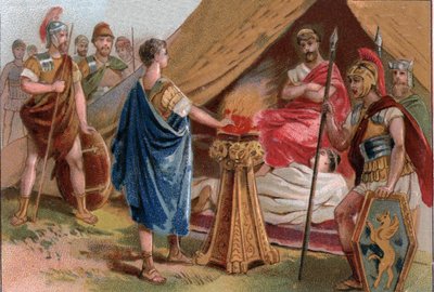 Mucius Scaevola Porsenna előtt (Mucius Scaevola Porsenna előtt). Caius Mucius Scaevola, egy fiatal római patrícius, akit a porsennai királyi gárda fogságba esett (Porsinna, Porsena) alkotó: Unknown artist