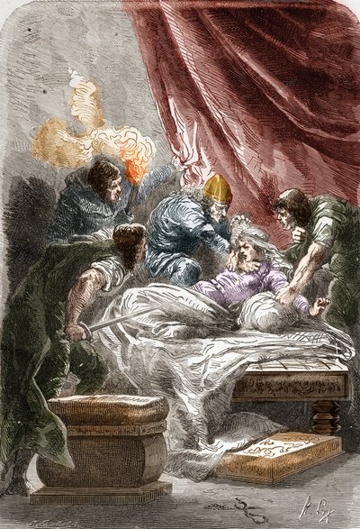 Galswinthe (Galsuinde) (Galsuinte) meggyilkolása (kb. 545 - 567), a frankok királynője Neutriában, I. Chilperic (a frankok királya) felesége. Metszet Paul Lehugeur Histoire De France En Cent festményeibe, 1891 alkotó: Unknown artist