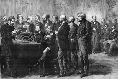 Párizs város zenei versenye 1878-ban. A Palais du Luxemburg zsűrije az „Elveszett Pardis” és a „Bögre” partitúráját vizsgálta. Balról jobbra: oszlop, Perrin, Cherouvrier, Gounod, Boulanger, Camille Saint Saens (Saint-Saens), Lenepveu, vaucorbe alkotó: Unknown artist