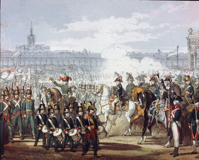 Napóleon Bonaparte (1769-1821) áttekinti a milícia Lombard és Ciszpadai légióját 1797.07.09-én akvarellmetszeten. Milánó, Museo del Risorgimento alkotó: Unknown artist