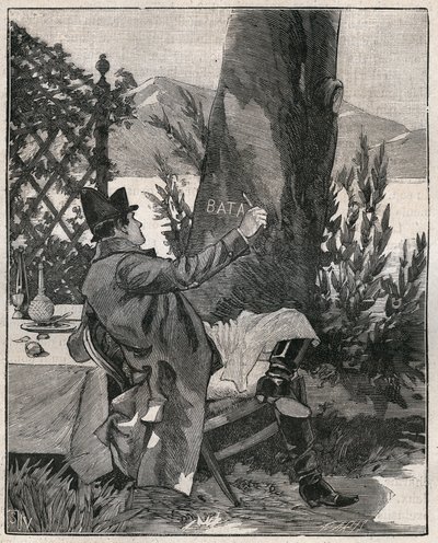 Napóleon Bonaparte (1769-1821) a Maggiore-tónál (Lago Maggiore) lévő Isola Bella szigetén egy babérfa törzsére írta a „Battaglia” szót, három nappal az 1800-as marengói csata előtt. 1885-ből származó metszet „”-ben. Les arts et metiers illustres” alkotó: Unknown artist