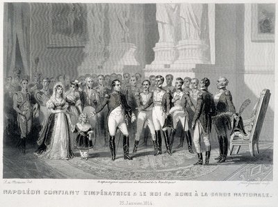 Napóleon a Nemzeti Gárdára bízta az impressziót és fiát, a római királyt (1814. január 23.) – a „Fasttes de Gardes nationales de France”-ban” alkotó: Unknown artist