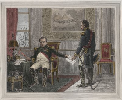 Napóleon aláírja lemondását 1814 - Napóleon Bonaparte (1769-1821) Fontainebleau-ban az első lemondásakor, aláírva 1814 áprilisában. Metszet a „Les Fastes Populaires, ou Histoire des acts heroiques du peuple et de s son, le sur sur sur sciences alkotó: Unknown artist