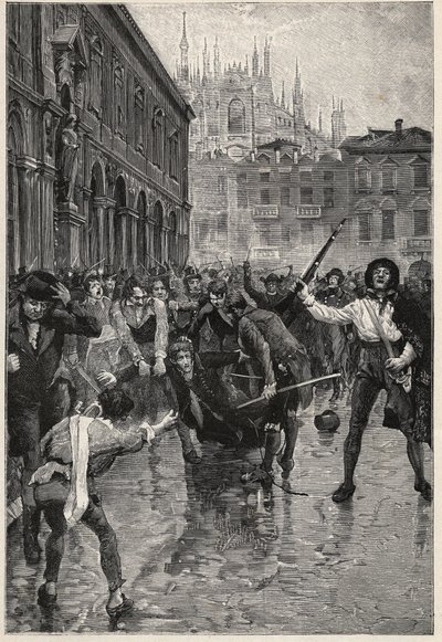 Napóleon lemondása milánói zavargásokra ösztönöz, Giuseppe Prinát, a népszerűtlen pénzügyminisztert pedig az utcákon hurcolják, és végül a milánói Piazza San Fedele-n megölte a tömeg április 20-án. alkotó: Unknown artist