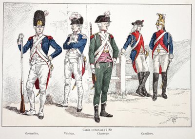 Nemzetőrség, 1789-ben, balról jobbra: a gránátos, a veterán, a vadász és a lovasok. Színes rézkarc, illusztrációnak „” A békefenntartók hadtestének története”” című könyv Louis Lepine (1846-1933) gondozásában jelent meg pre alkotó: Unknown artist