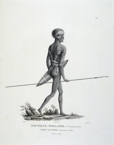 Az új-dél-walesi New Holland bennszülött North-Gal-Derri harcra tör - Lesueur és Peer urak ""Felfedezések utazása a déli vidékekre" című művében alkotó: Unknown artist