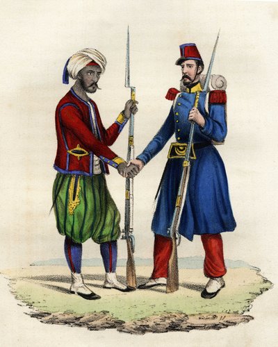 Az afrikai francia hadsereg bennszülött és francia vadászai Algériában 1830-ban. In „” Storia d