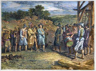 Amerika őslakossága: indiánok. A telepesek 1620-ban találkoztak Massasoit-tal (1590-1661), akit Ousamequin „sárga toll”-ként is ismertek, a wampanoag törzs főnökével, Plymouth Colony, 1620-ban. alkotó: Unknown artist