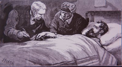Ned Kelly sebesülten fekszik a melbourne-i börtönkórházban, miután 1880. június 28-án a rendőrség elfogta (metszet) alkotó: Unknown artist