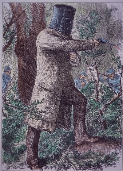 Ned Kelly, jellegzetes páncélját viselő, végső összecsapásban a rendőrséggel, 1880. június 28. (színes metszet) alkotó: Unknown artist