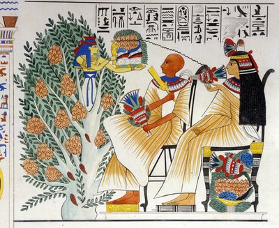 Nephtys, az egyiptomi istennő a misztikus fából bukkan elő, és ételt kínál az elhunytnak – Ippolito Rosellini (Rossellini) „Egyiptom és Felső-Núbia emlékműve” című művében. 19. század. alkotó: Unknown artist