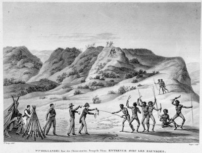 New Holland, Bay of Marine Dogs, Peron-félsziget: interjú az indiánokkal (bennszülöttek és telepesek találkozása) - metszet, deb. 19. század alkotó: Unknown artist