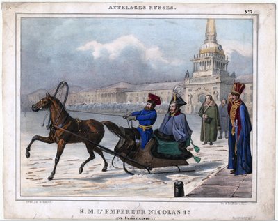 I. Nicolas en traineau - I. Orosz Miklós szánon - Névtelen - 1850 - Litográfia, akvarell - 21,3x26,8 - Magángyűjtemény alkotó: Unknown artist