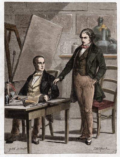 Niepce felolvassa Louis Daguerre-nek a heliográfia leírását, a camera obscura képeinek rögzítéséhez - Nicephore Niepce (1765-1833), francia feltaláló, a fényképezés úttörője felolvassa Daguerre-nek az i rögzítési módszerének leírását. alkotó: Unknown artist