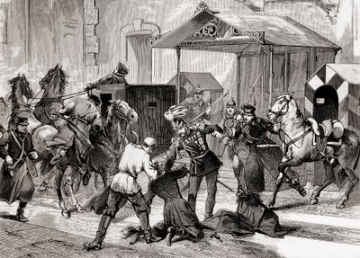 Nihilizmus Oroszországban - Merényletkísérlet a táborsegéd, Loris Melikoff (Loris-Melikoff) tábornok ellen, a nagy-moszkai szállodája ajtaja előtt 1880-ban - Az orosz nihilista mozgalom a 19. században: merényletet L gróf ellen alkotó: Unknown artist