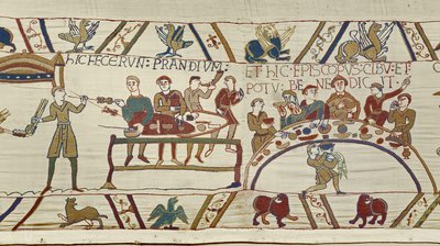 A normann szolgák bankettet készítenek Vilmosnak, Odo püspök pedig megáldja az étkezést, Bayeux gobelin (gyapjú hímzés vászonra) alkotó: Unknown artist