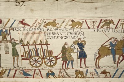 Borral és karokkal megrakott szekeret húzó normannok, Bayeux gobelin (gyapjú hímzés vászonra) alkotó: Unknown artist
