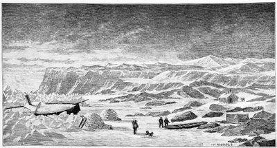 Északi-sark: Iglók és jégtörő csónak (Ice Breeze), rajz, 1873 tavasz. alkotó: Unknown artist